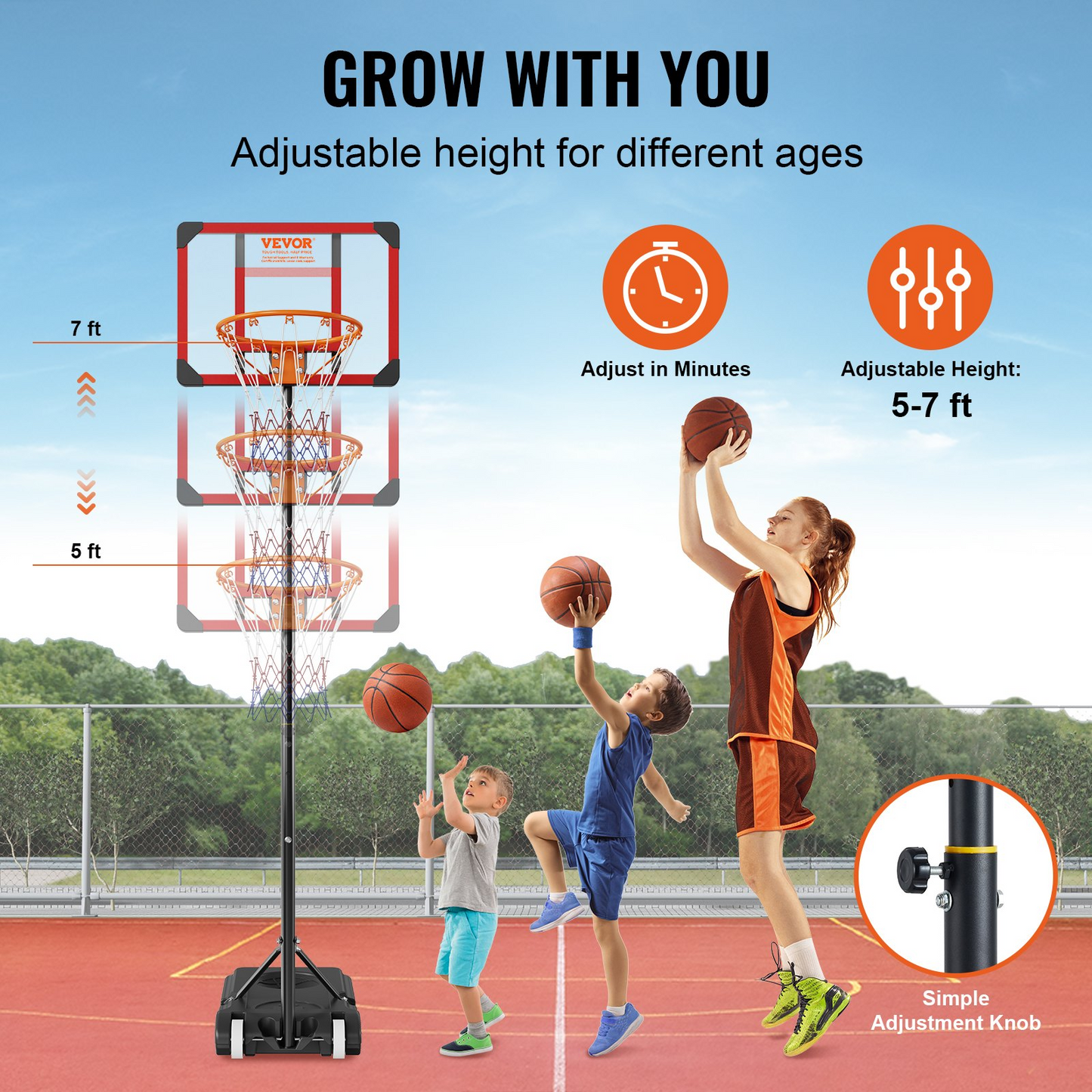 VEVOR Portable Basketball Hoop, 5-7 ft Adjustable Height with 28" Backboard