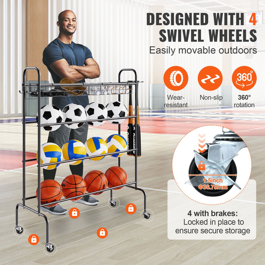 VEVOR 4-Layer Rolling Basketball Rack, Sports Equipment Organizer with Wheels & Hooks