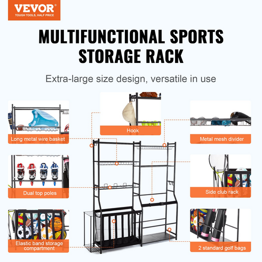 VEVOR Golf Storage Organizer, 2-Bag Stand with Shelves, Hooks & Baskets, Black