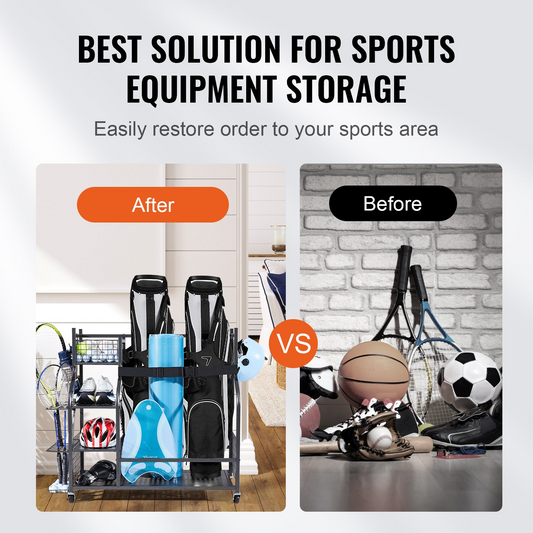 VEVOR Golf Storage Organizer, 2-Bag Stand with Wheels, Baskets & Hooks, Black