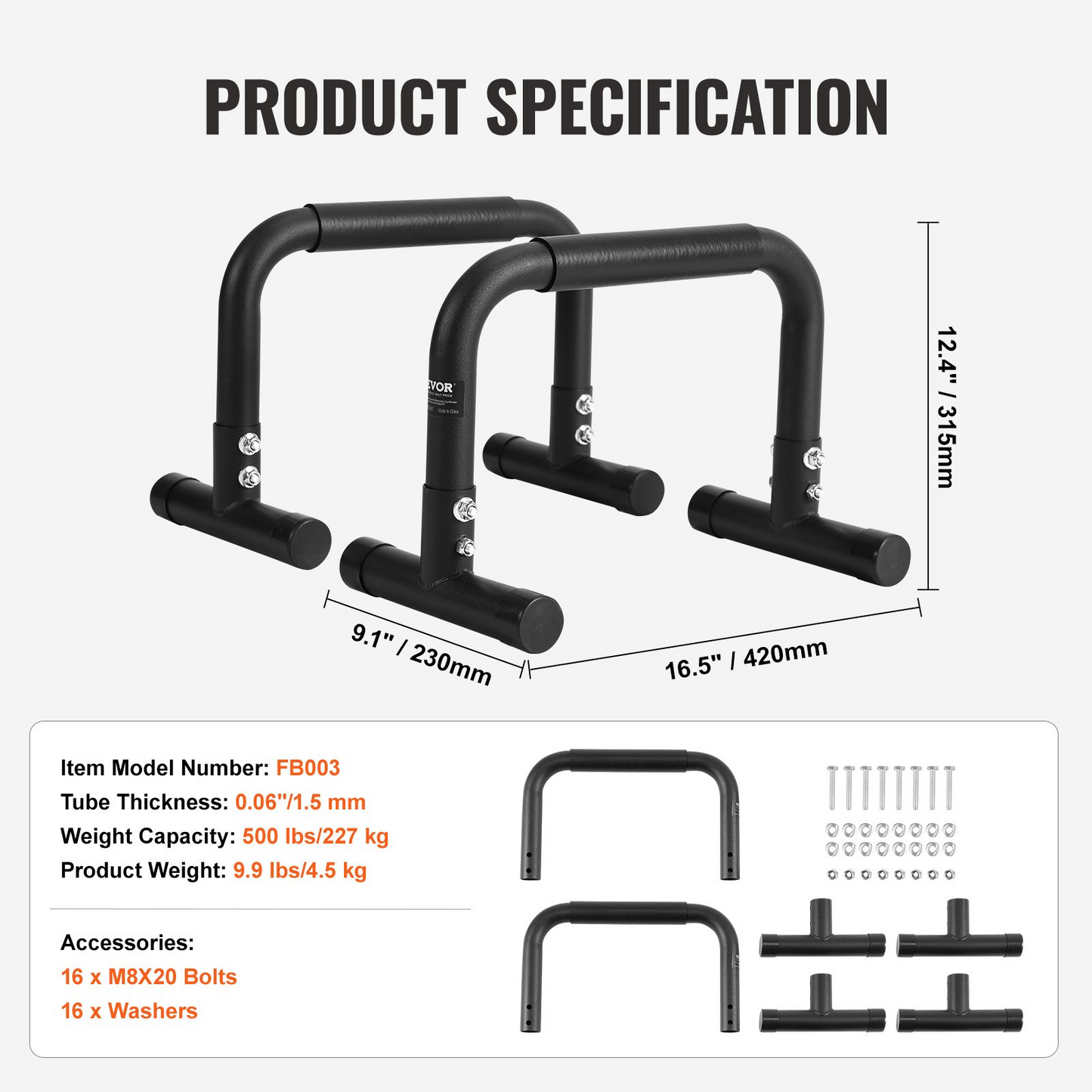 VEVOR Heavy Duty Dip Bars, 500 lbs Capacity, for Home Gym & Outdoor Training