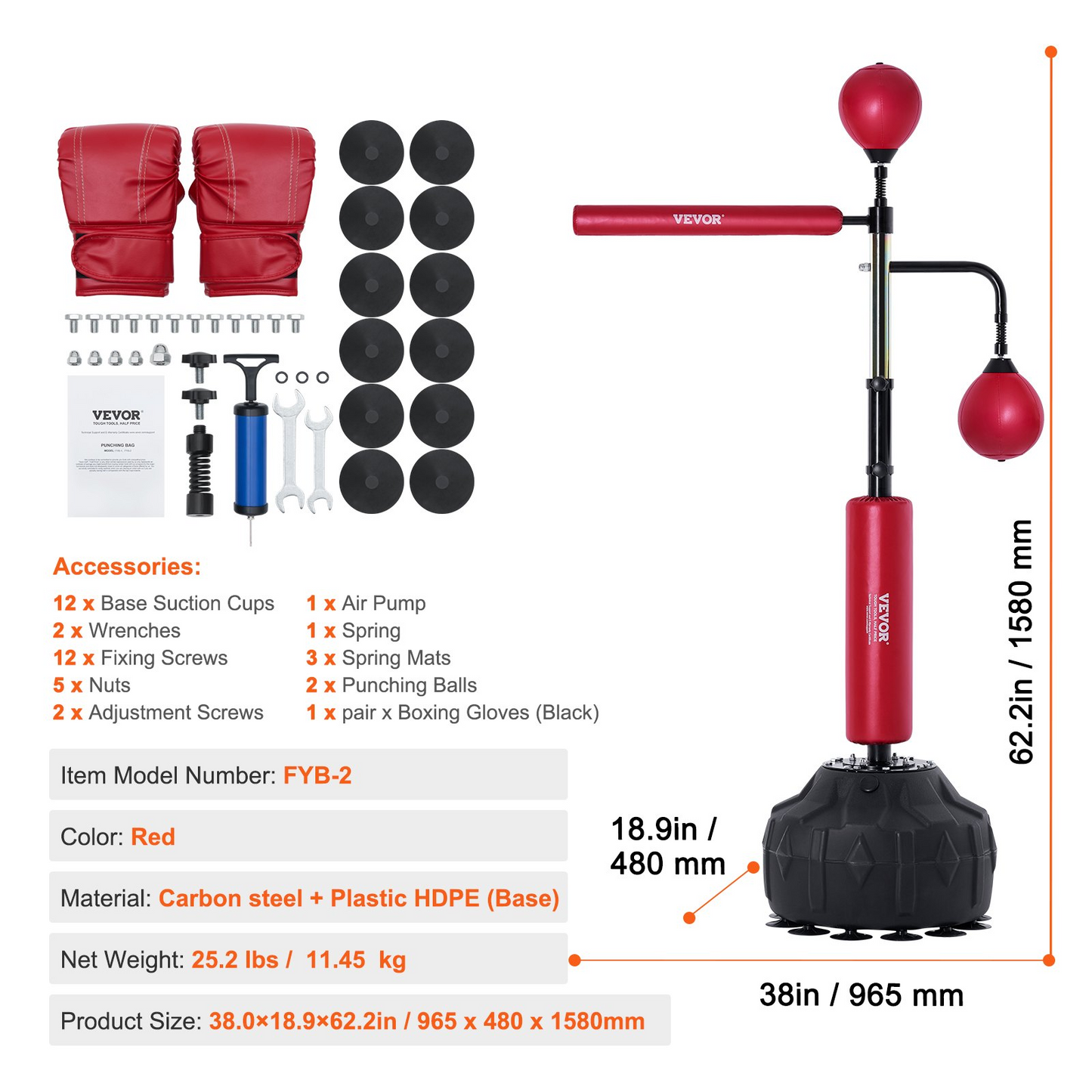 VEVOR Adjustable Boxing Speed Trainer, Free Standing Punching Bag with Gloves, Red