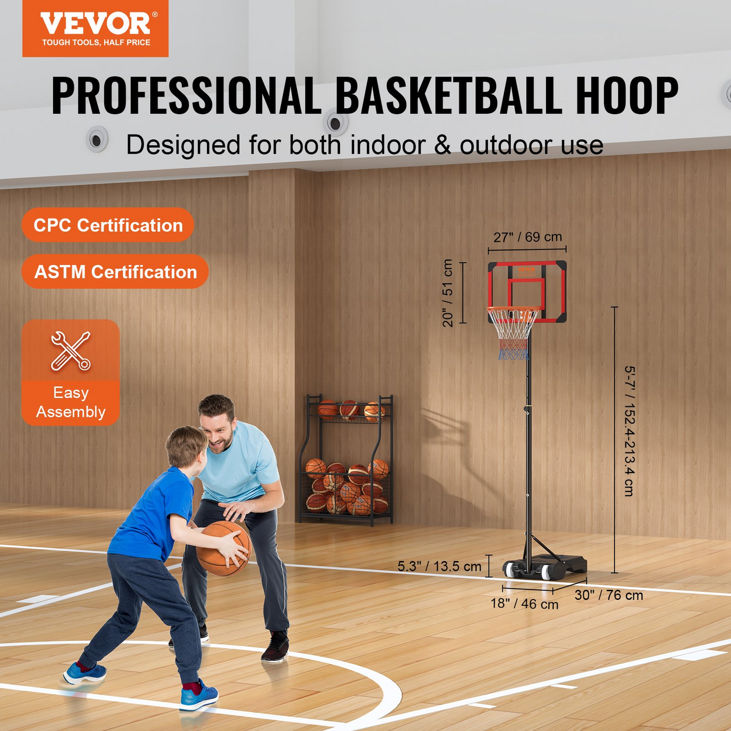 VEVOR Portable Basketball Hoop, 5-7 ft Adjustable Height with 28" Backboard
