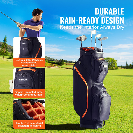 VEVOR Golf Cart Bag, 14-Way Divider, 36" with 13 Pockets & Strap, Black/Orange