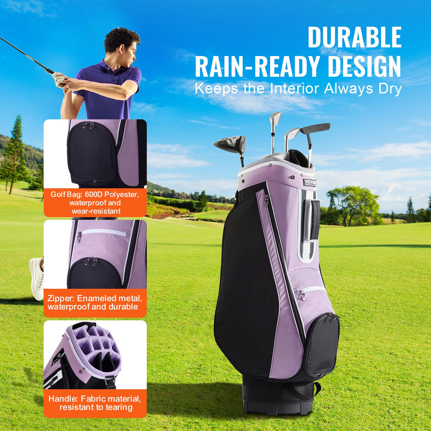 VEVOR Golf Cart Bag, 14-Way Divider, 36" with Pockets & Strap, Black/Purple