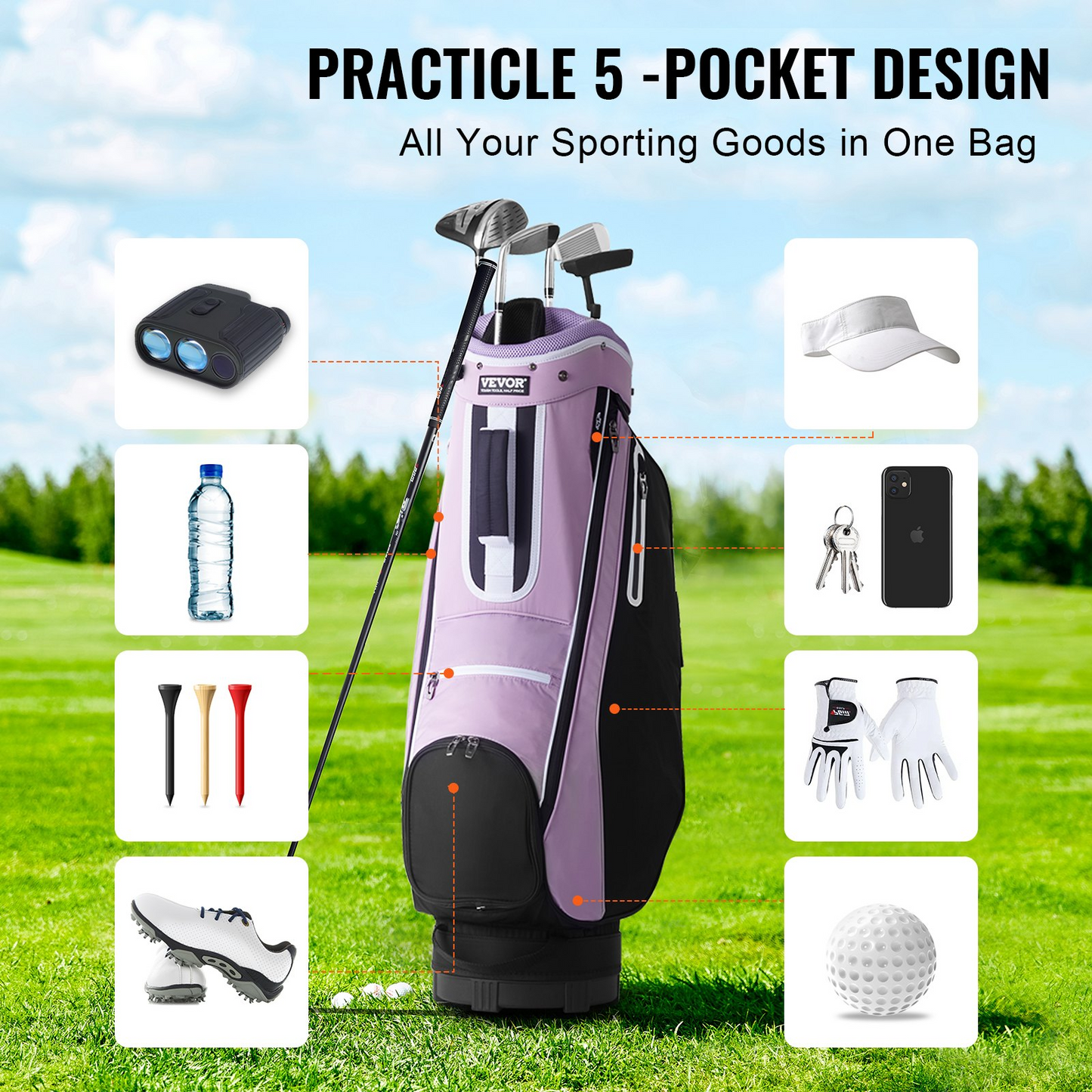 VEVOR Golf Cart Bag, 14-Way Divider, 36" with Pockets & Strap, Black/Purple