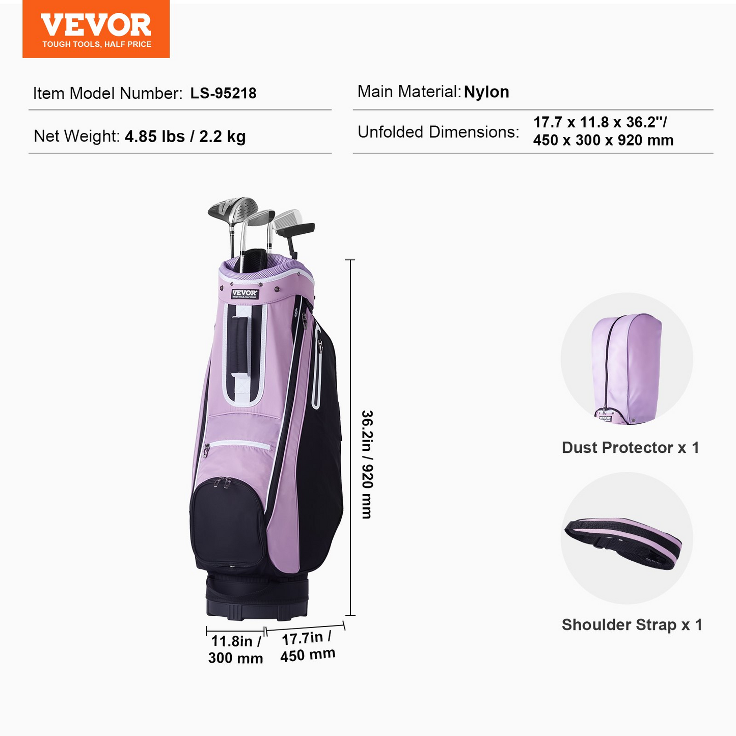VEVOR Golf Cart Bag, 14-Way Divider, 36" with Pockets & Strap, Black/Purple