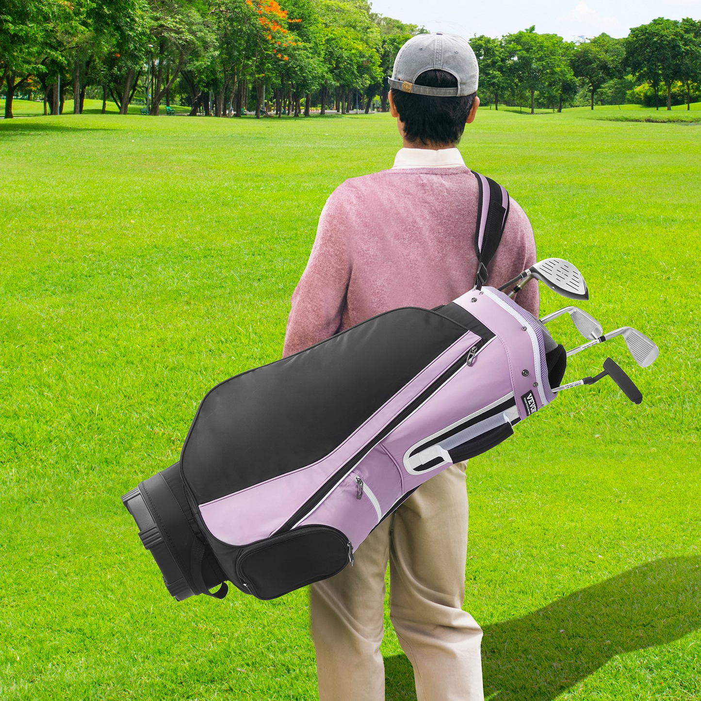 VEVOR Golf Cart Bag, 14-Way Divider, 36" with Pockets & Strap, Black/Purple