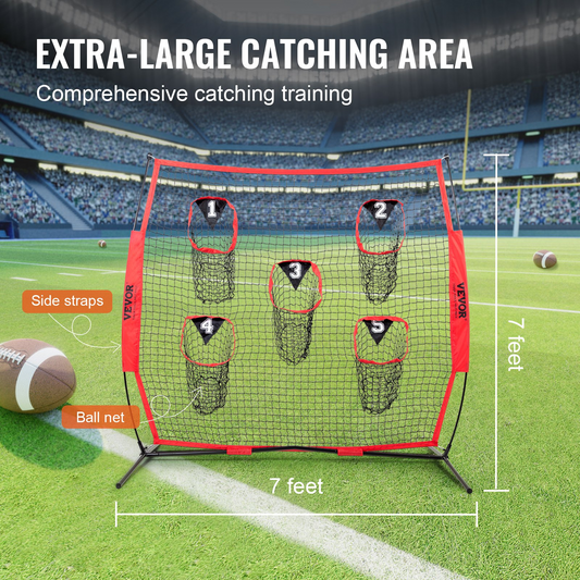 VEVOR 7x7 ft Football Throwing Net, 5-Target Training Net with Carry Case, Red