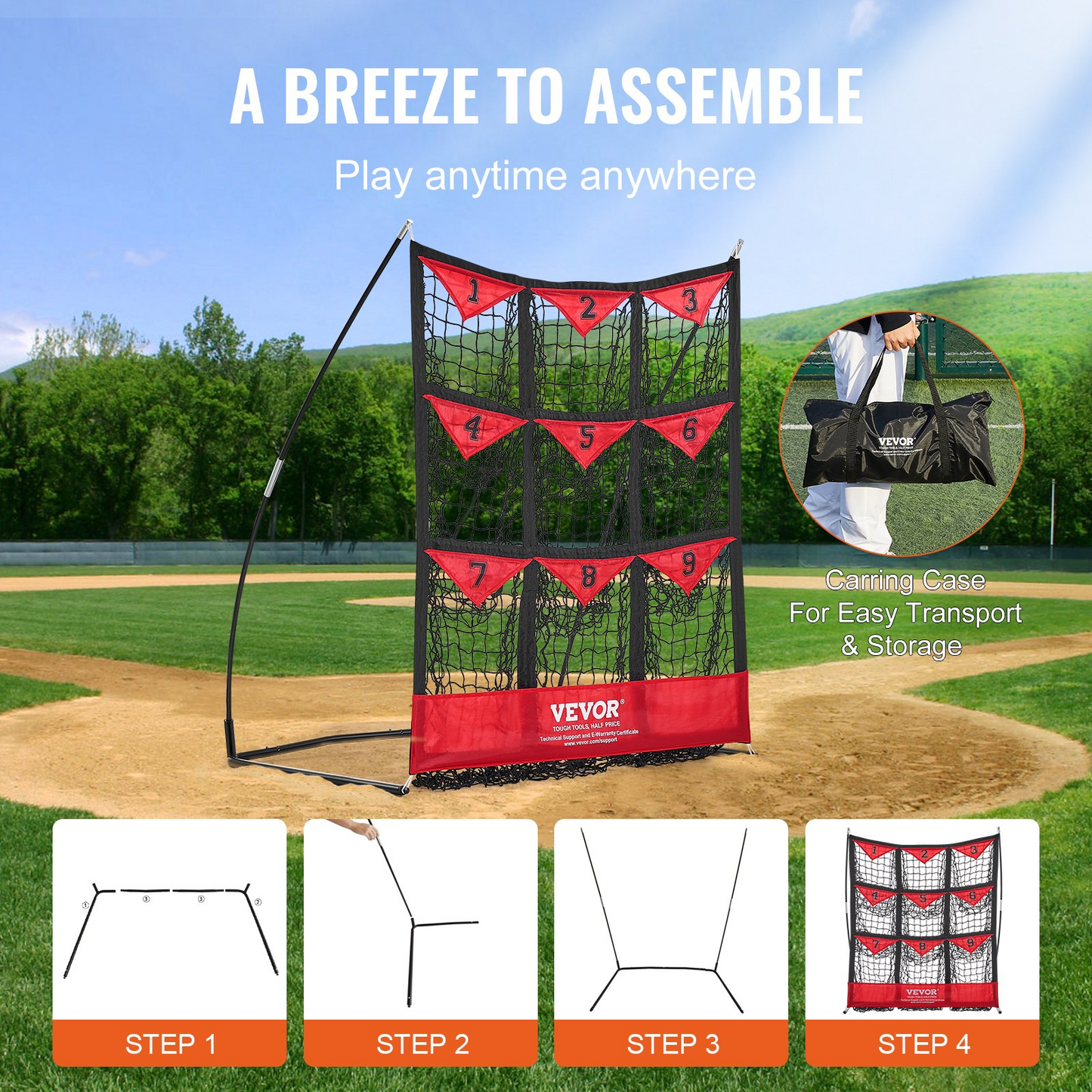 VEVOR 9-Hole Baseball Net, 36"x30" Portable Trainer with Strike Zone & Carry Bag