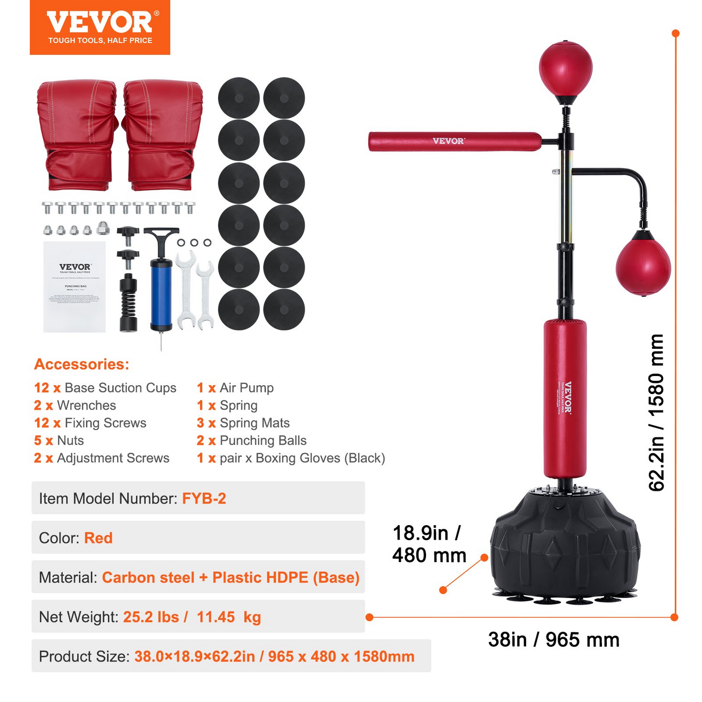VEVOR Adjustable Boxing Speed Trainer, Free Standing Punching Bag with Gloves, Red
