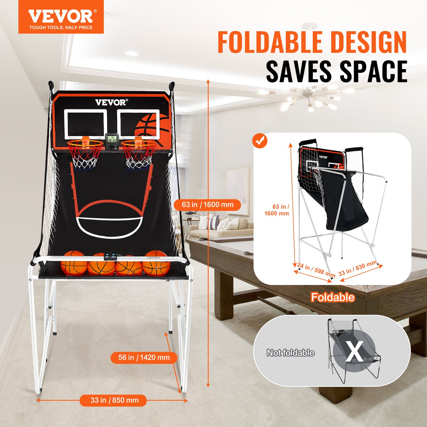 VEVOR Foldable Basketball Arcade Game, 2-Player Indoor Hoops with 8 Modes & LCD Scoreboard