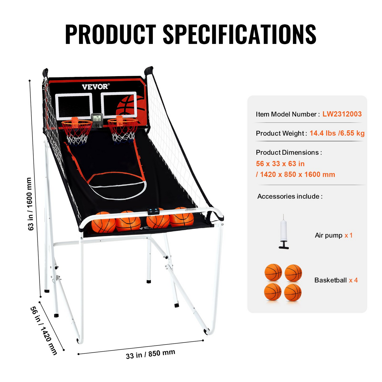 VEVOR Foldable Basketball Arcade Game, 2-Player Indoor Hoops with 8 Modes & LCD Scoreboard