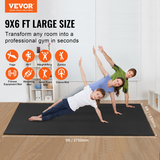 VEVOR 9x6ft Non-Slip Exercise Mat, High-Density Yoga Mat with Bag & Strap