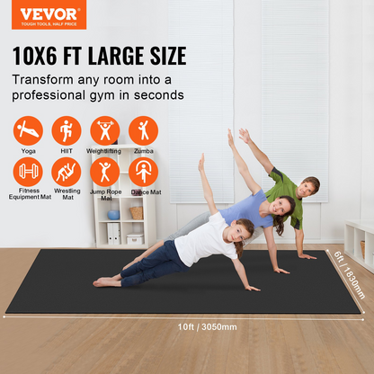 VEVOR 10x6ft Non-Slip Exercise Mat, High-Density Yoga Mat with Bag & Strap