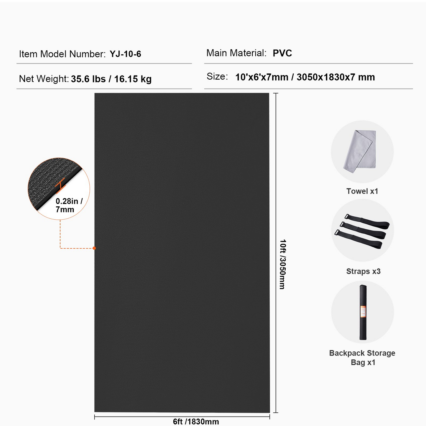 VEVOR 10x6ft Non-Slip Exercise Mat, High-Density Yoga Mat with Bag & Strap